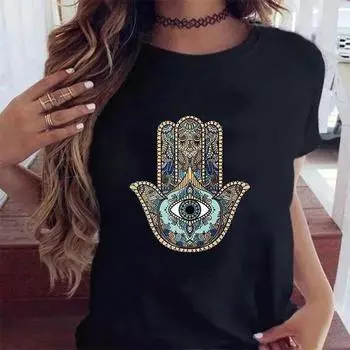 Футболки с принтом «Рука Фатимы» WoUnisex Lucky Hamsa Hand Harajuku Футболки унисекс Летние черные футболки с короткими рукавами FeUnisex Unisex L