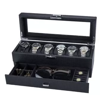 Футляр для часов Anyasun, 12 предметов, коробка для хранения часов, роскошный коллекционный футляр для часов, отделка из углеродного волокна, унисекс, внутренняя кожаная подушка с ключом (грамм: 2