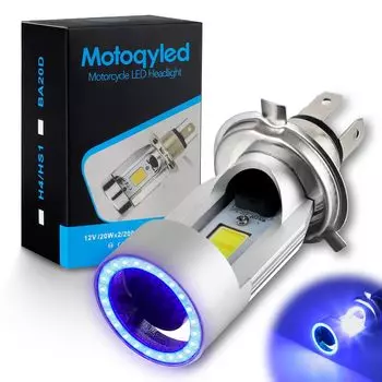 Futwod H4 Motorcycle Headlight, LED, High Brightness, COB, Motorcycle Headlight, White, Blue Squid Ring,