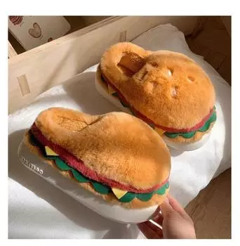 Fuzzy hamburger shoes men 2024 creative indoor slippers winter man half shoes mens slippers unisex home thick warm plush shoes 36-37