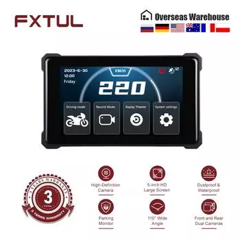 FXTUL F8-A Motorcycle Dash CAM&HUD Digital Display Speedometer Headup 5inch HD Touchscreen Display GPS Parking Monitor HUD Gauge CHINA