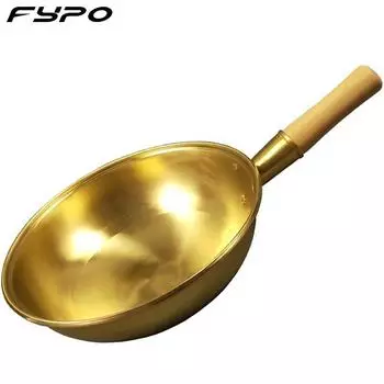Fypo 100% чистая медная сковорода Wok, медный горшок, утолщенная деревянная ручка, сковорода из латуни, кухонная утварь, медная плита Wok