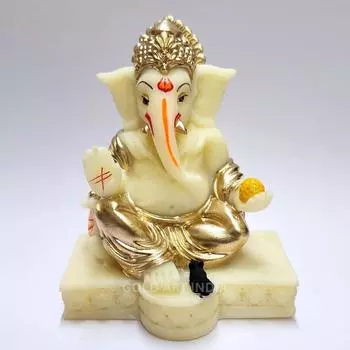 Gaddi Ganesha Idol for Home Decor | Peach Terracotta Finish with Gold Colour Mukut & Ornaments – 3.5 Inch Ganpati Statue for Car