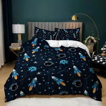 Galaxy Space Bedding Sets Kids Full/Queen/King Size, Blue Universe Adventure Stars Duvet Cover Sets For Boys Girls Teens Bedroom EU single(135x200cm)
