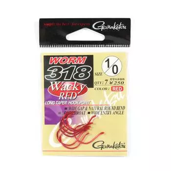 Gamakatsu 67090 Worm 318 Длинный конический крючок Wacky Worm Hook, красный, размер 1/0 (0779)