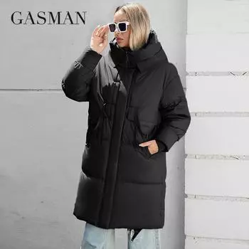 GASMAN 2024 Женская длинная куртка-пуховик с классическим дизайном на молнии, большим карманом, воротником-стойкой, капюшоном, приталенное пальто, женские парки 88611 S серый