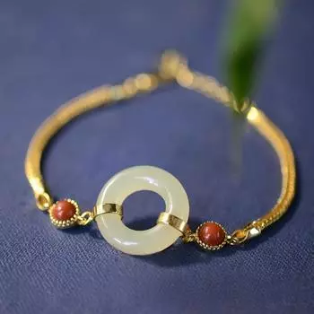 Gelang Emas 14K Solid для Wanita Tidak Pudar Emas Pulseira Feminina Bizuteria Aksesori Pernikahan Gelang Batu Giok Alami YELLOW