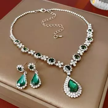 GemChic женские новые легкие роскошные зеленые хрустальные стразы капли сверкающие подвески ожерелье серьги комплект из двух предметов день рождения рождество ювелирные изделия подарок