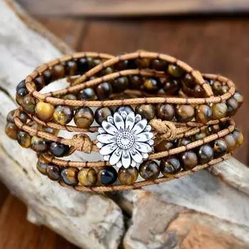 GemChic женский этнический плетеный многослойный браслет из бусин тигрового глаза с подсолнухом из сплава классический ретро-подарок на день рождения, Рождество