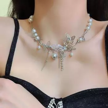 GemChic Женское ожерелье с подвеской Изысканное ожерелье-чокер с бабочкой и жемчугом Дамская модная цепочка на ключицу Подарок на день рождения, Рождество Ювелирные изделия
