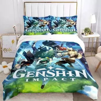 Genshin Impact Print Комплект постельного белья из трех предметов Модные изделия для детей и взрослых для кроватей Пододеяльники Наволочки Комплект постельного белья EU Twin 135x200cm