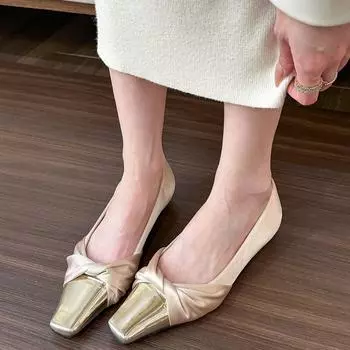 Gentle and noble! Square head satin light mouth single shoes women s spring new flat heel flat shoes 35 абрикосовый