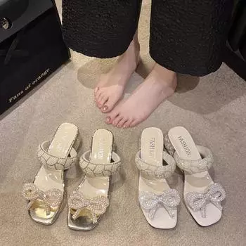 Gentle Bow Tie Thick Heel Sandals for Women Summer New One Line Transparent Diamond Square Head Open Toe Fairy Women sShoes 36