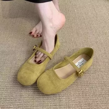 Gentle wind shallow mouth one-word buckle Mary Jane shoes summer new round head flat sole shoes retro Doudou shoes 35