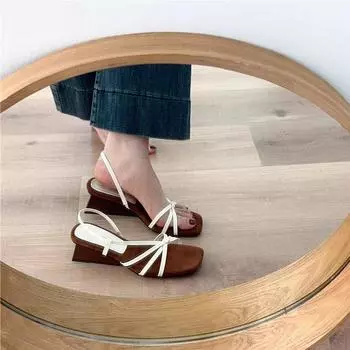 Gentle word with temperament square head open toe middle heel sandals women s design slope heel cool slippers women 35