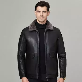 Genuine leather jacket men s fur integrated velvet thickened autumn and winter dad genuine leather jacket L