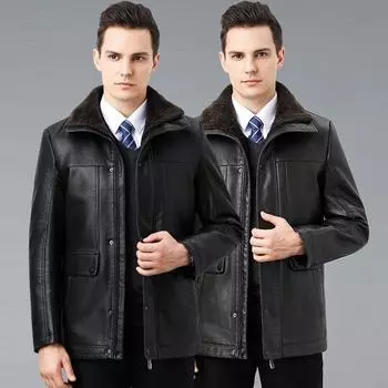 Genuine leather jacket men s velvet thickened men s fur lapel leather jacket business casual warm winter middle-aged men s jacket 170