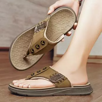 Genuine leather Men Flip Flops Summer Beach Flip Flops Men Fashion Casual Trend Hot Sale Summer Men Slippers Beach Outdoor 39 чёрный