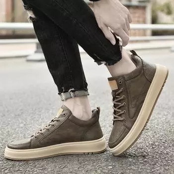 Genuine Leather Men s Boots High-top Fashion Ankle Boots Flat Outdoor Version Tooling Sneakers Shoes Student Trend Casual Shoes 38 бежевый