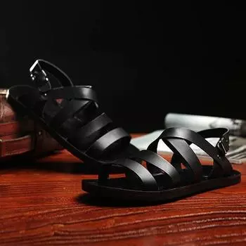 Genuine Leather Men s Sandals Flat Open Toe Rome Style Mens Sandals Fashion Male Summer Shoes Hollow Out Beach Men s Shoes 38 чёрный