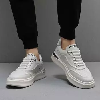 Genuine leather men s sports shoes Breathable comfortable and casual Trendy men Outdoor activity walking thick soled shoes 38 чёрный