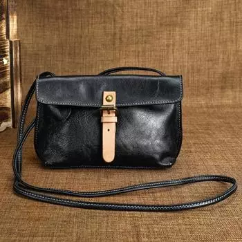 Genuine Leather Single-shoulder Bag Retro Crossbody Bag Commuter Women s Bag Magnetic Buckle Bag, Lid Bag чёрный