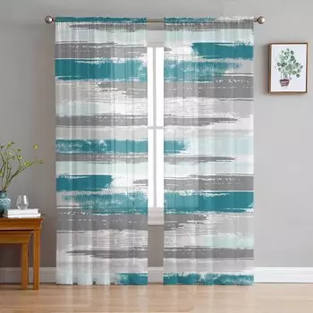 Geometric Line Oil Painting Style Blue Gray Sheer Curtains for Living Room Decor Window Curtains Kitchen Tulle Voile Curtains W135 x H115cm x1
