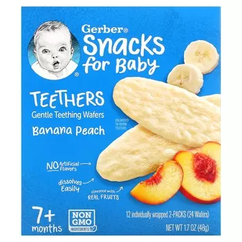 Gerber, Tidus, мягкие вафли для прорезывания зубов, 7+ месяцев, банан и персик, 12 шт. в упаковке, по 2 вафли в каждой