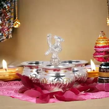 German Silver Peacock Handle Peacock Handle Panchwala Kum Kum Bharani for Home Pooja Decor