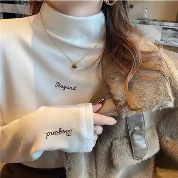 German velvet thickened long-sleeved women s 2024 new autumn and winter style white half-high collar inner bottoming shirt top S