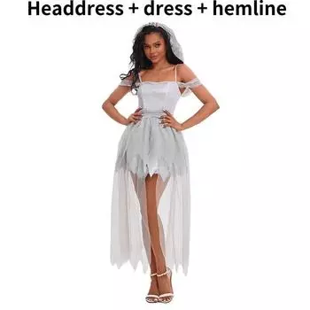 Ghost Bride White Gauze Long Dress Cosplay Costume Halloween Party Play Role M