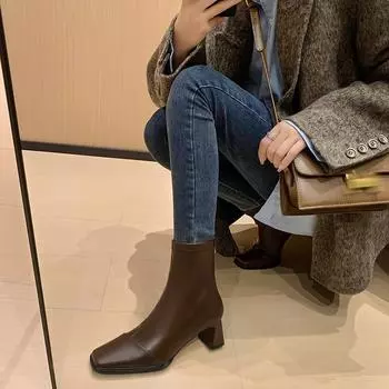 Giant Skinny~ Square Head Back Zipper Skinny Boots Women s 2024 Commuter Thick Heel Short Boots 35 коричневый