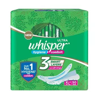 Гигиенические прокладки Whisper Ultra Clean для женщин|50 тонких прокладок |XL+|Гигиена и комфорт |Мягкие крылья |Сухой верхний слой XL+ (Pack of 50)