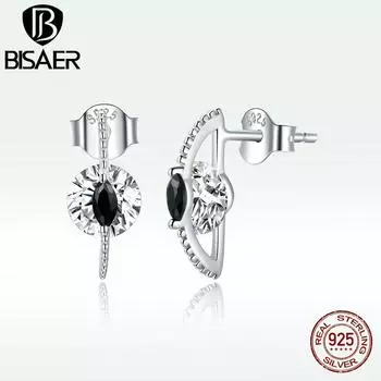 Гипоаллергенные серьги BISAER из стерлингового серебра 925 пробы, простые циркониевые черные и белые женские пряжки для ушей 925 silver