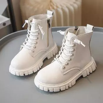 Girl s Ankle Boot Black School Versatile Children Thick Bottom Leather Boots Fashion Causal Kids Short Boots Round-toe Zipper 26 бежевый