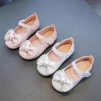Girl s Leather Shoes Casual Simple Bowtie with Pearls 2024 New Flat Shoes Soft Sole Baby Kids Dress Shoes Children Party Flats 21 розовый