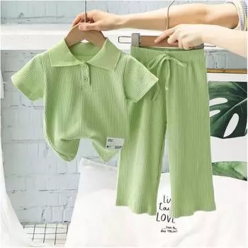Girl s Spring and Summer Thin Section Suit Middle and Small Children Solid Color Comfortable POLO Lapel Top + Wide Leg Pants Two-piece Set 140 зелёный