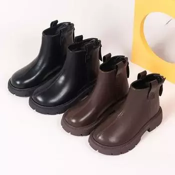 Girls Ankle Boots Simple Design Classic Kids Rubber Boots Anti-skid Side Zipper Black Brown Plain Kids Boots Autumn Winter New 25 чёрный