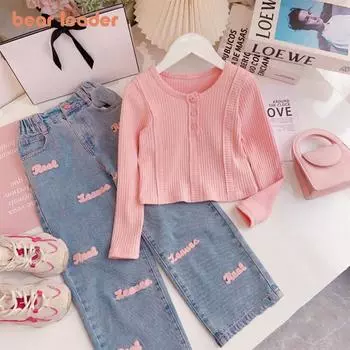 Girls Long Sleeved Suit Bear Leader 4-9 Years Pink Knitted Cardigan + Pants Two-piece Set AZ3931 4T