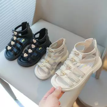 Girls Sandals Children Beach Shoes Kids Gladiator Sandals with Heart Metal Buckle Decoration Back Zipper with Lace Princess 2024 26 бежевый