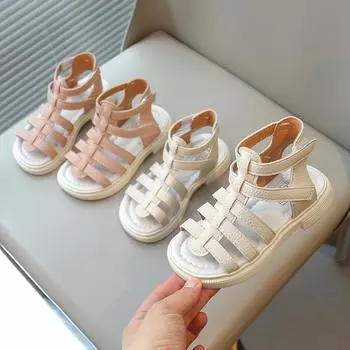 Сандалии для девочек Princess Sweet Kids Gladiator High Top Sandals Hook & Loop Fashion 2024 Soft Quality Anti-Sketch Open Toes Sweet New 26 бежевый