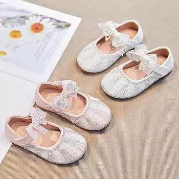 Girls Shiny Crystal Performance Shoes 2024 Spring New Children s Mesh Bow Flats Sweet Princess Fashion Shoes Elegant Temperament 23 розовый