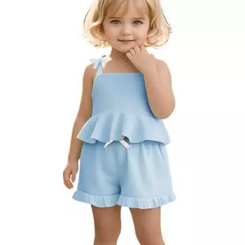 Girls Sleeveless Set - Solid Color Strappy Top & Flounce Shorts 68 синий