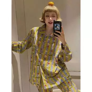 Girls Striped Casual Long-sleeved Pajamas for Women Spring and Autumn New Large Size Home Wear Two-piece Set S