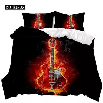 Гитара пододеяльник комплект электрогитара в Burning Musical Creativity Concept музыка двойной Queen King Size полиэстер Qulit чехол US Queen(228x228cm)