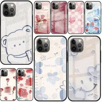 Glass Case For Apple iPhone 14 13 Pro 11 12 7 8 Plus SE 2022 XR X XS Max 6 6S Tempered Phone Cover Flower Cute iPhone 14 Plus