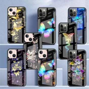 Стеклянный чехол для Apple iPhone 14 13 11 12 Pro 7 XR X XS Max 8 6 6s Plus SE 2022 13Pro закаленный телефон Tampa Butterfly iPhone 7Plus(8 Plus)
