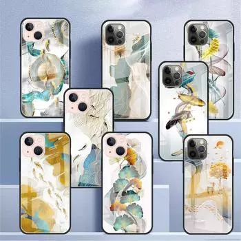 Glass Case For Apple iPhone 14 13 11 12 Pro 7 XR X XS Max 8 6 6s Plus SE 2022 13Pro Tempered Phone Tampa Ginkgo Gold Foil iPhone 7Plus(8 Plus)
