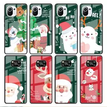 Glass Case For Xiaomi Poco X3 NFC 11 Lite 11T F3 M3 For Redmi Note 11 10 9 8 Pro 10S 9S 9A 9C Phone Cover Snowman Christmas Redmi Note 9S