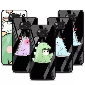 Glass Case For Xiaomi Poco X3 NFC 11 Lite 11T F3 M3 For Redmi Note 11 10 9 8 Pro 10S 9S 9A 9C Phone Cover Dinosaur Cartoon Xiaomi Poco M3